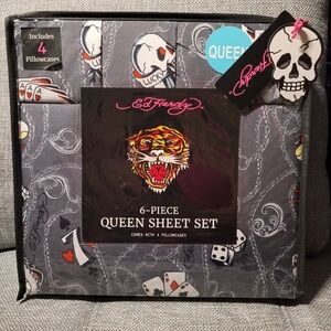 Ed Hardy QUEEN Sheet Set with Pillowcases Edgy Tattoo Skull Casino